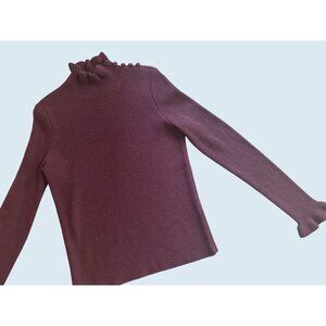 SEE BY CHLOE Burgundy Ruffle Neck Shoulder Button Wool Ribbed Sweater Sz L